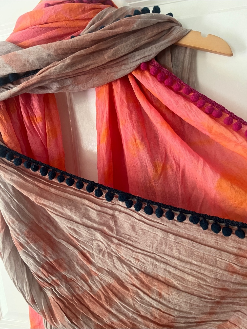 Set of 2-Natural Life Pompom Scarf in Pink/Orange, gray, pink, blue tie dye